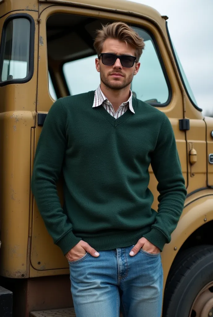 28-year-old man leaning against the open door of a very old Mercedes 1113 truck, the image must show the full photo of the truck taken 10 meters away of the person, and she must be looking at photo.
Wearing a V-neck knitted sweater plain knitted half knit,...