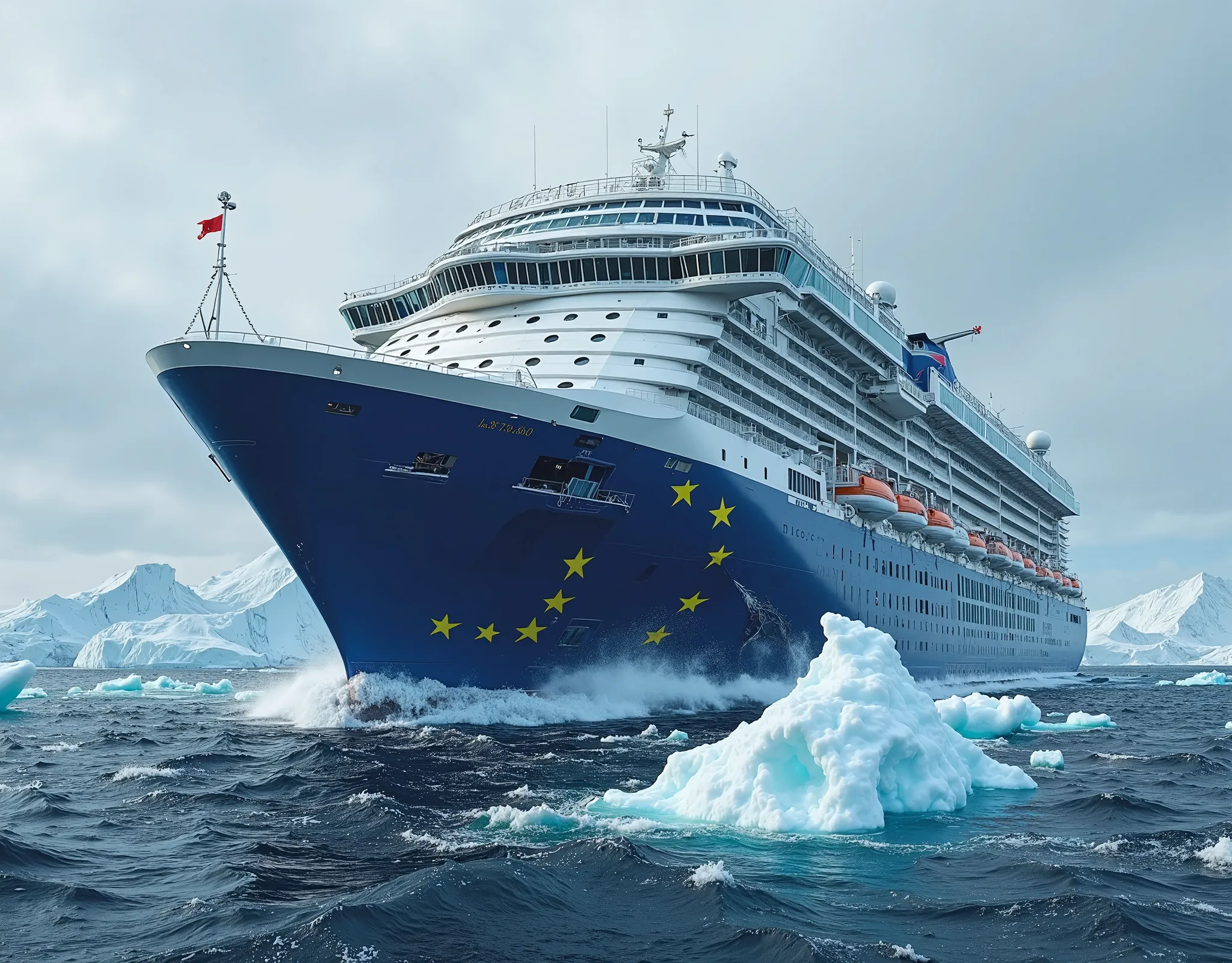 a large ship in the colors of the European flag crashing against an iceberg and falls to the bottom of the sea. a large European ship in the colours of the European flag crashes into an iceberg and sinks. the ship in electric blue with 13 yellow stars. maj...