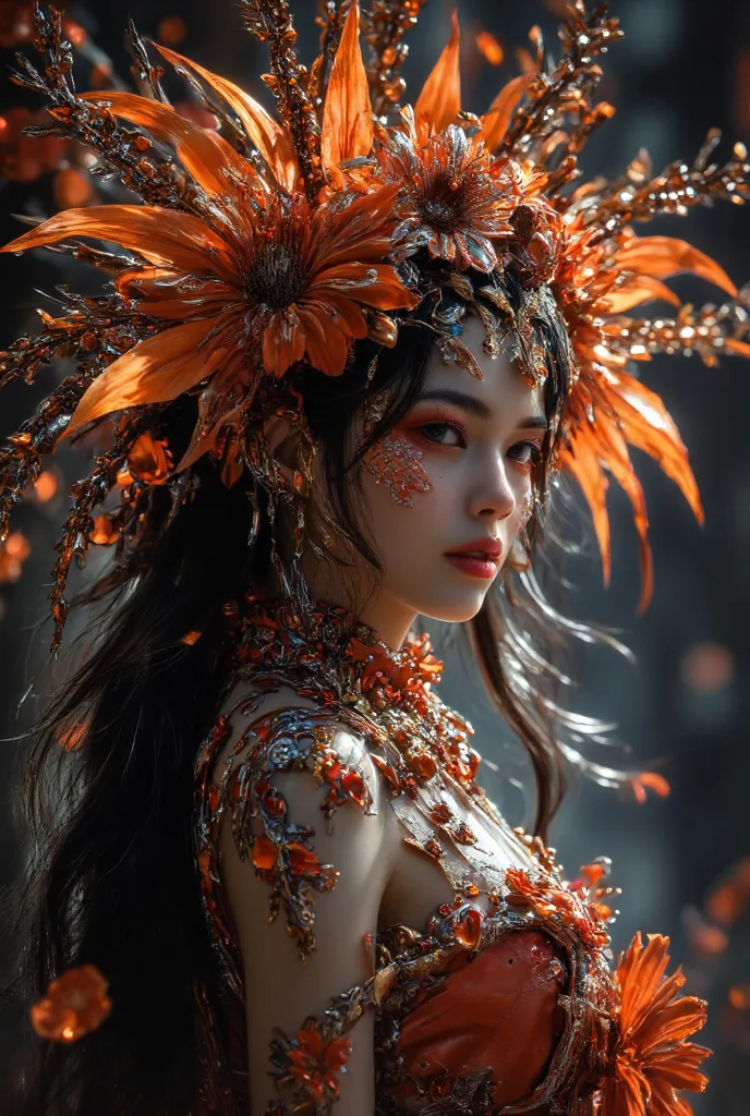 (anthropomorphic flower), (girl and flower merge), Flower Fairy, I drew a shining girl in detail, (Girl looking at viewers and smiling:1.3), Ornate and lavishly decorated figure, Picture of a shining person,long hair,( upper body photo), Calm Atmosphere,It...