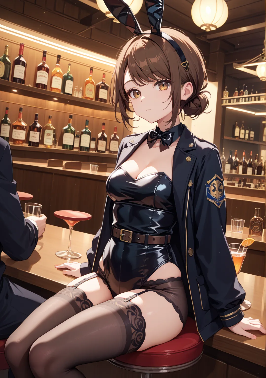 Gangbang,nsfw,1 girl,low bun,brown hair,brown eye,short hair,swept bangs, expressionless, her eyelids heavy,bunny girl,night,,,nsfw,{{fat middle age men}},suspender stockings,garter belt,black leotard,bar counter,sit, black jacket