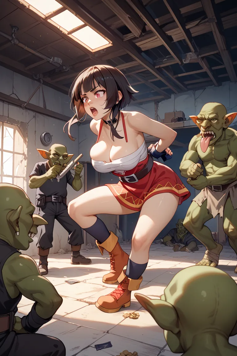 megumin, blunt bangs,large bust,  attacked by monsters,  tied tape joke  ,  abandoned basement ,  indoor  , high quality,points_9,points_8_ up ,points_7_ up , lots of monsters , gro up  , hybridization ,shiver , upset ,  goblin monster , creepy goblin ,  g...