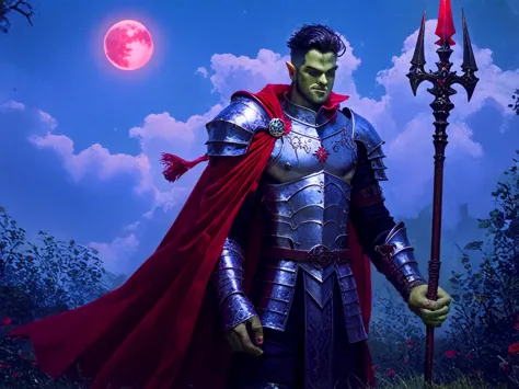 An open field on a dark night, a) The field is illuminated by the red light of a red moon, in focus is a green-skinned orc, Your body is athletic and slim, His skin is green , He wears a bloodstained medieval knight's armor, a red cape hangs from the shoul...