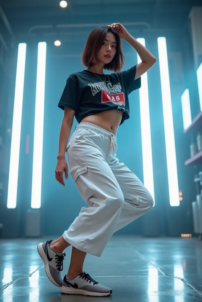 *"A white mature japanese female dancer with a cool and trendy style, solid body big chest, wearing stylish streetwear. She wears a tight music band screen print shirt covering her belly, combined with comfortable and fashionable white cargo pants. Modern ...