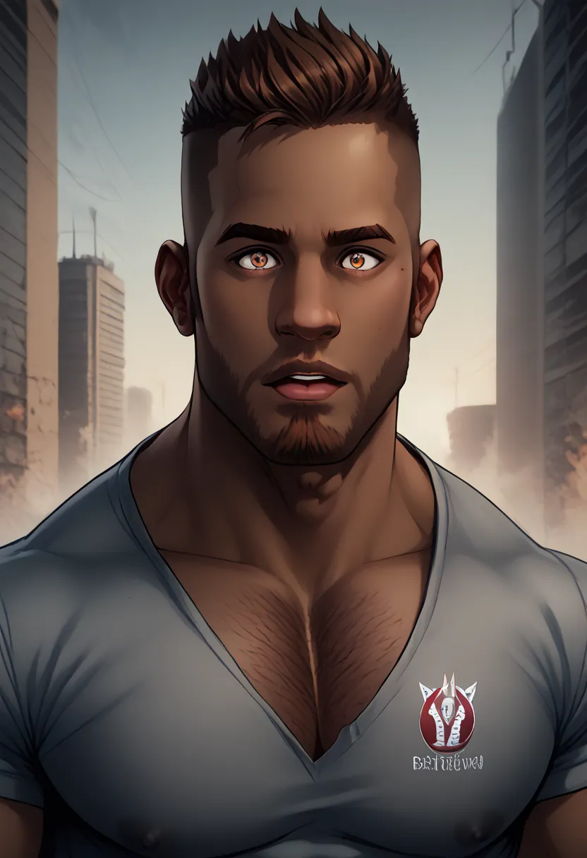 an exaggeratedly muscular and large bodyguard, beefy build, beard, dark-skinned african american male, buzzcut hair with square line, surprised expression, (wearing tight henley shirt: 1.2), school team logo, (bara pecs: 1.3), (arm and chest hair: 1.1), cl...