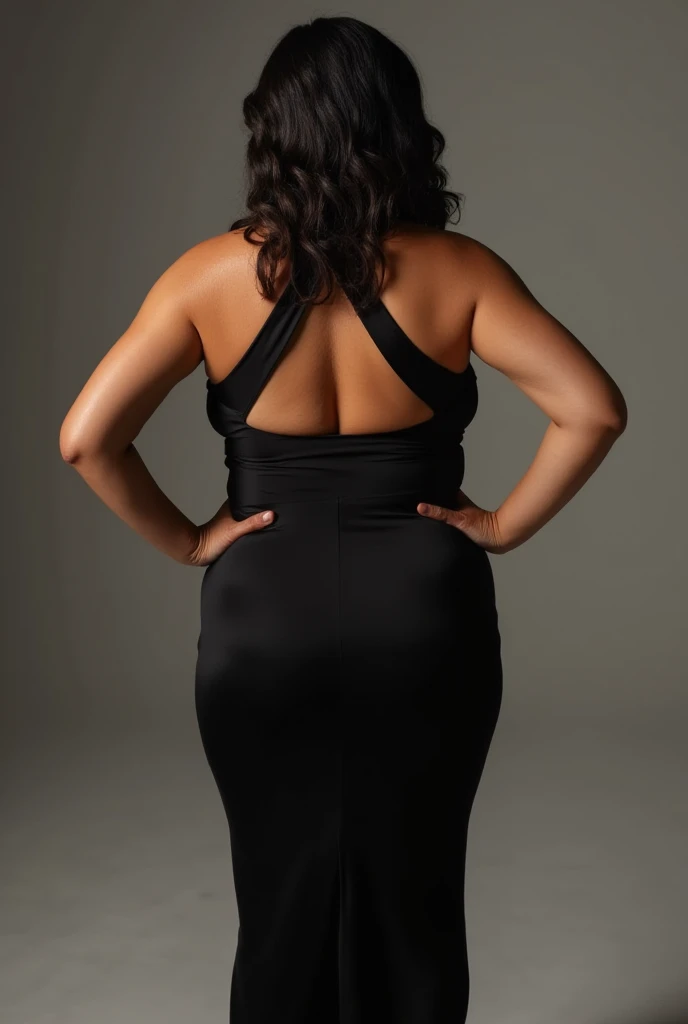 Back view fashion model photography image with a low-angle perspective. The model is a 50 year old indian brown skin milf curvy medium plus size figure with black  hair, full exposing dress,thick thighs,huge breast,thick ass, Lighting is soft and diffused....