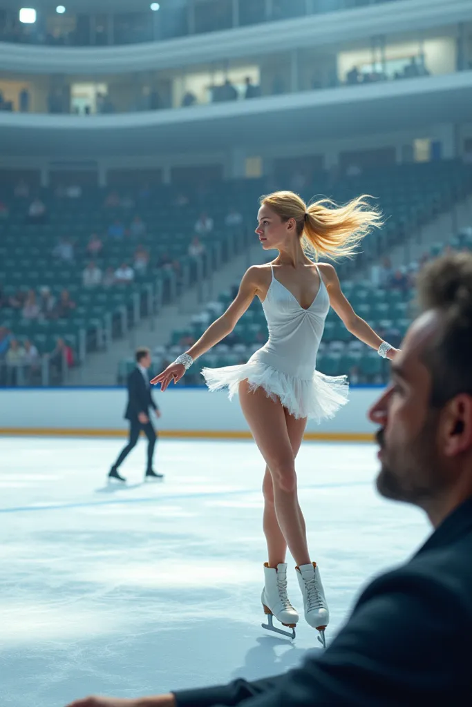 A blond 19-year-old white-skinned girl skating at the ice rink facility and a 34-year-old sarisin white-skinned boy sitting in the seat of the ice rink are visible