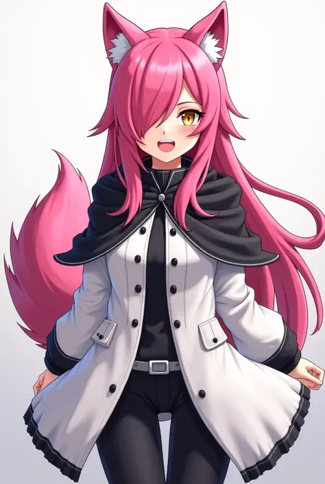 (maximum quality, best quality,  official art , beautiful and aesthetic :1.2) female anime, wolf girl, rebellious girl, long pink hair with bangs covering the right side of the face,  golden eyes, pink wolf ears, pink voluminous tail,  voluminous white coa...