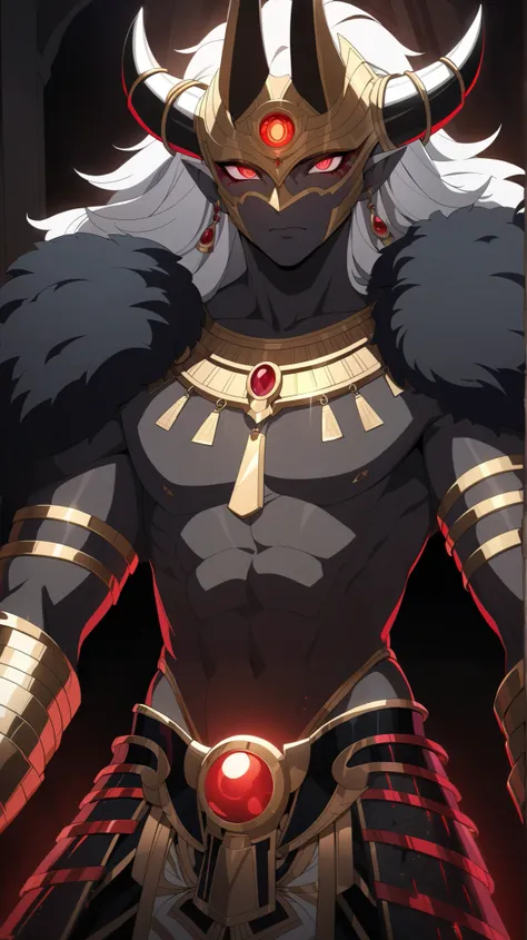 White Male, dark grey skin, long fluffy white hair. Glowing red demon Eyes, Egyptian Black fur Gold Embroidered Black fur Egyptian armor. Wears a gold chained glowing Ruby circular Egyptian amulet. Has gold rings. Long ruby earings. Wears a ruby gold egypt...