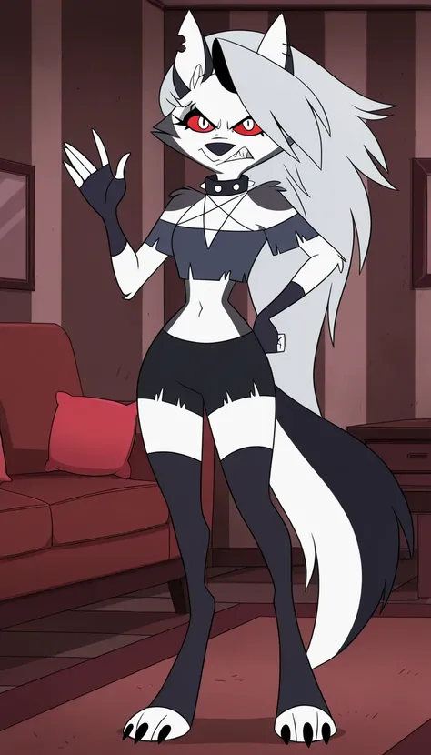 anime screencap, absurdres, high quality, official style, 1girl, solo, loona \(helluva boss\), loona, hellhound, loona crop top, off-shoulder shirt, claws, fingerless gloves, torn clothes, thigh highs, 1girl, 1girl solo, red eyes, solo, 1girl, spiked colla...