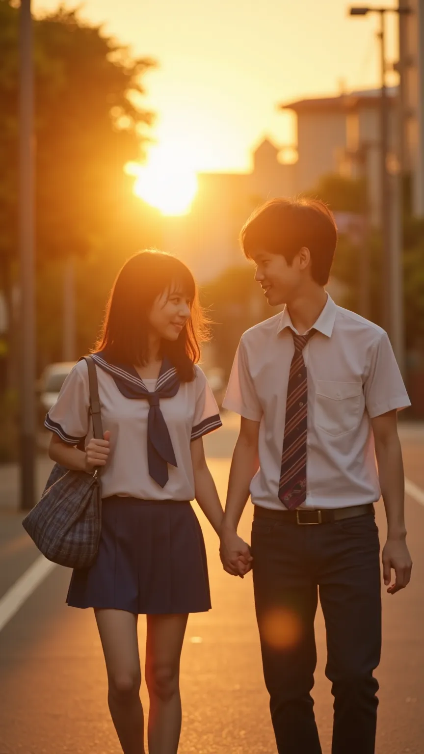 A high school Japanese couple walking home together at sunset, holding hands, Wearing high school uniform, Holding a bag in hand,warm golden light, soft cinematic glow, gentle smiles, a nostalgic and heartwarming atmosphere, ultra-detailed facial expressio...