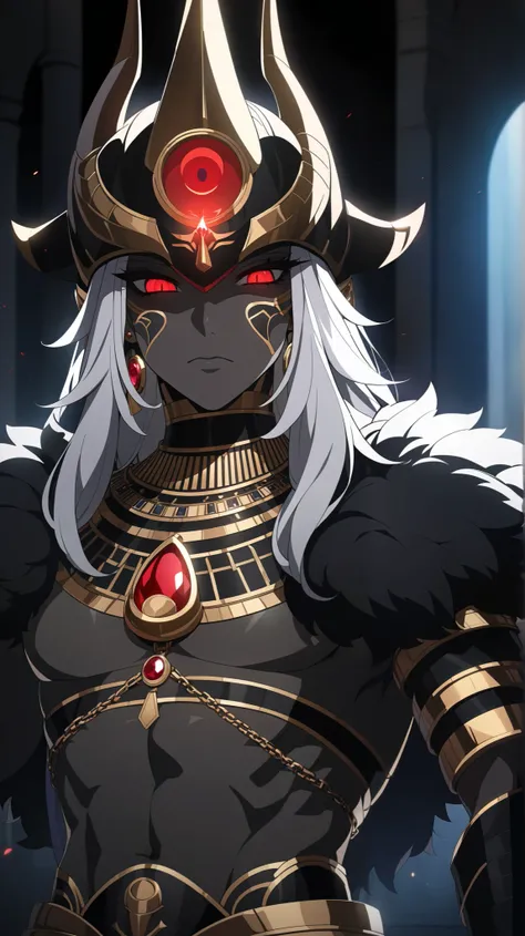 White Male, dark grey skin, long fluffy white hair. Glowing red demon Eyes, Egyptian Black fur Gold Embroidered Black fur Egyptian armor. Wears a gold chained glowing Ruby circular Egyptian amulet. Has gold rings. Long ruby earings. Wears a ruby gold egypt...