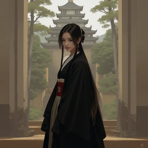 Ar311,a serene portrait of a asian woman,looking at the viewer and wearing a black kimono and  hakama in a japanese castle, in background ; there is a huge japanese castle and a lot of trees and dust. mysterious and dark atomosphere 