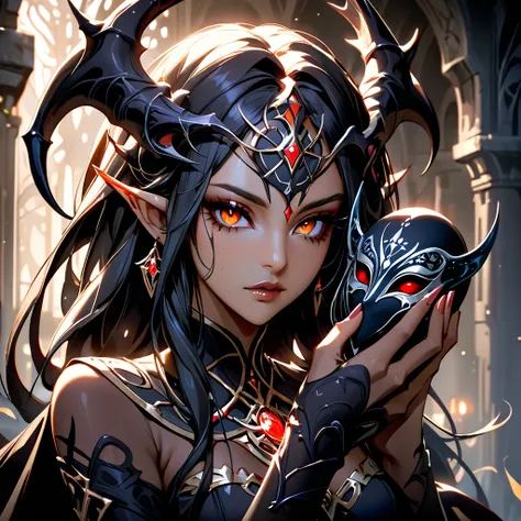 a close up of a woman holding a mask in her hand, lolth, Black Elf