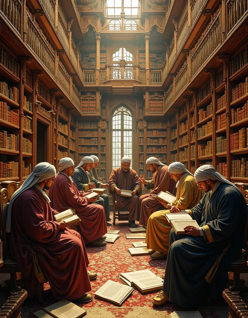 **Prompt:**    Create a hyper-realistic, wide-angle image centered in a medieval Islamic library, showcasing a group of intricately detailed Arabic thinkers engrossed in their reading and discussion. All participants should be depicted wearing traditional ...