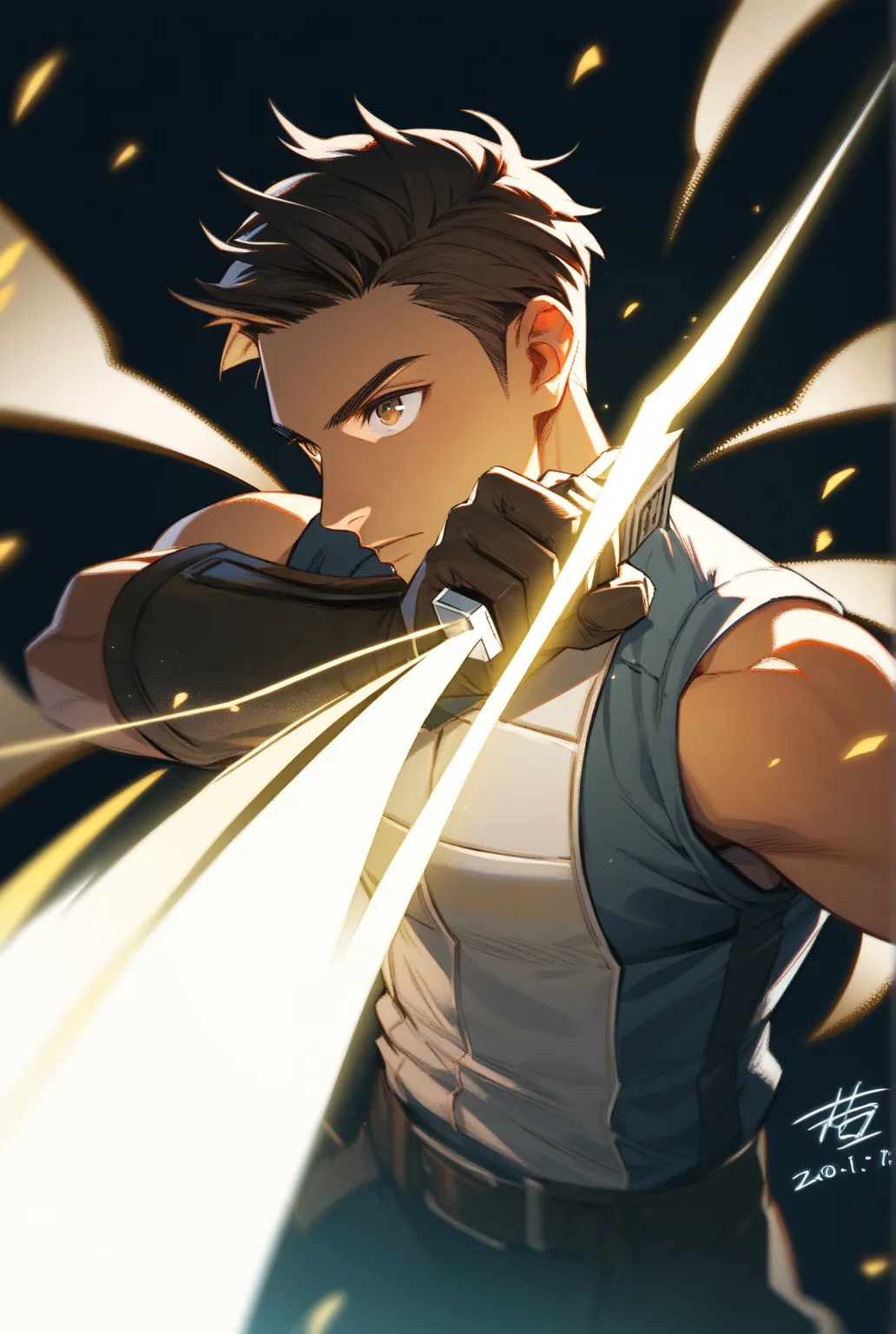 tall Lean muscular young man,swordsman , short dark brown hair, Tan skin, light brown eyes