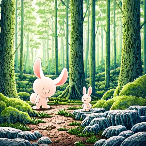 Create an image of a joyful , around 5-, with long rabbit ears and a fluffy tail, standing on a large rock in a lush forest. The  is smiling 