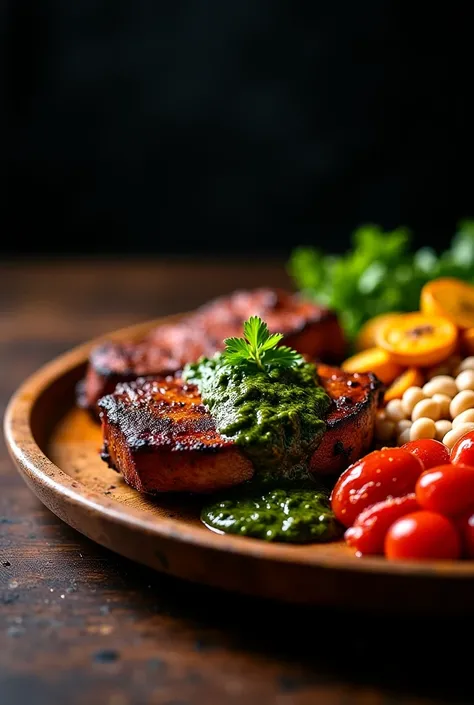 Create me a meat dish with chimichurry. Beans and fried plantains on a rustic wooden plate and refresh the dark background