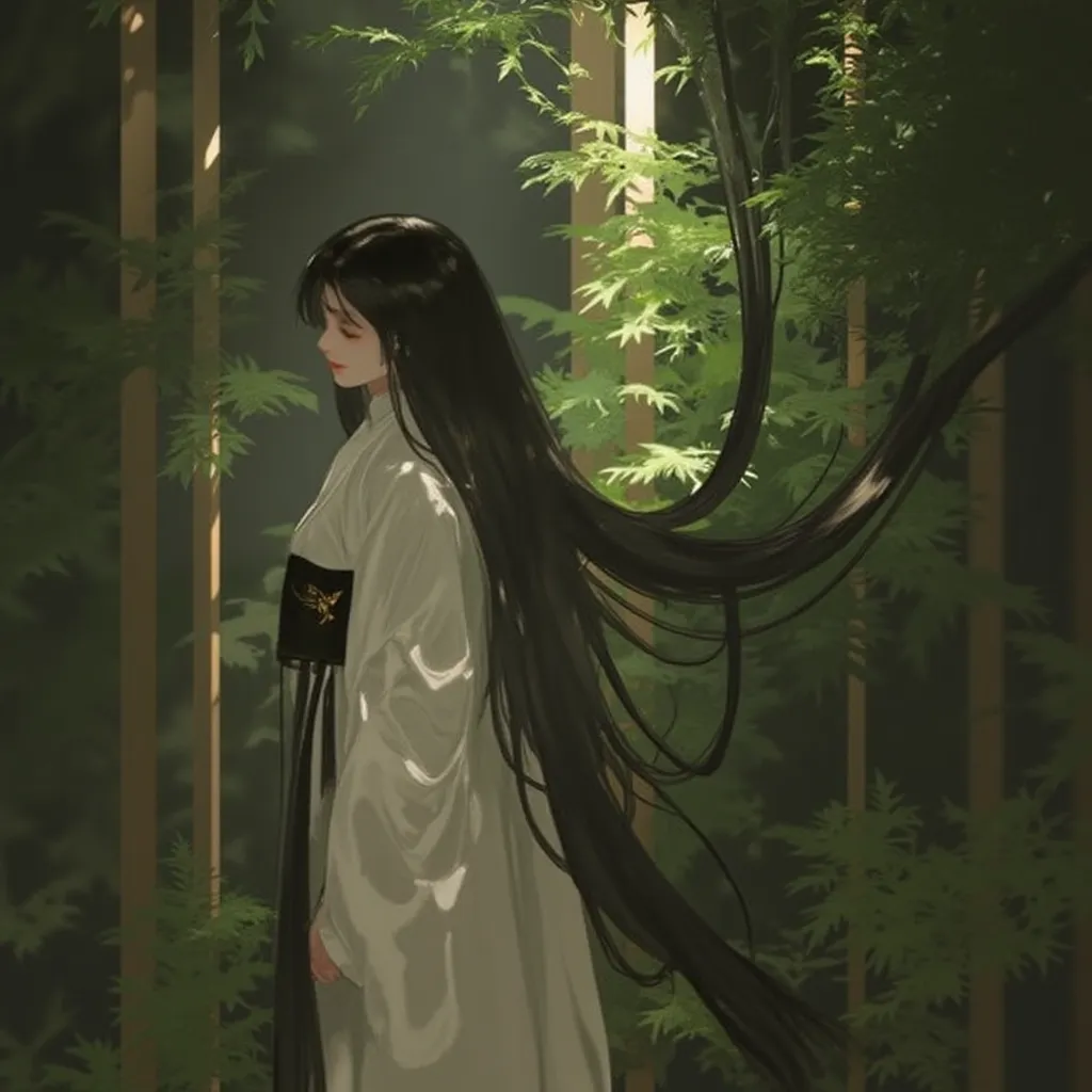 Ar311,dark dream, depth of field, halataion, backlit, a beautiful asian woman , white dress and long black sash on waist that swirling in the wind, in Background: deep forest 