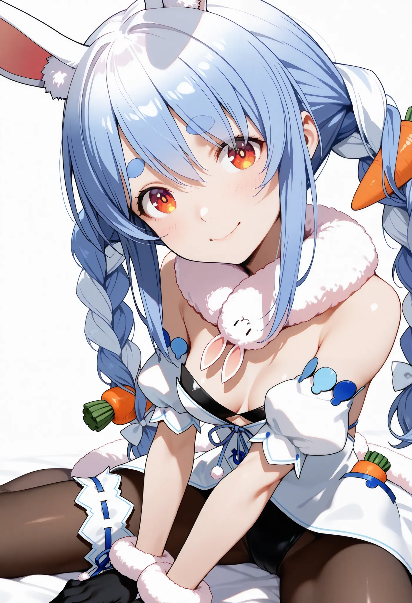 1 girl, Usada Pekora, Usada Pekora \( 1st costume \), Hololive, Hololive english, is sitting 
 