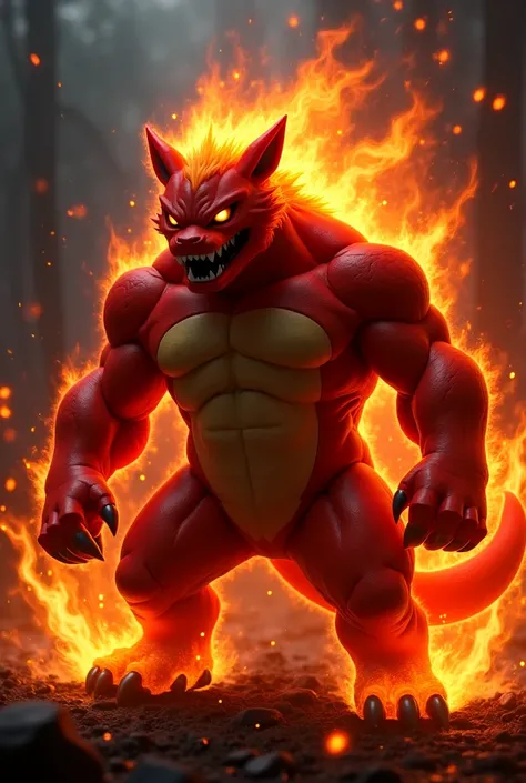 Incineroar, showing his power, with fire around