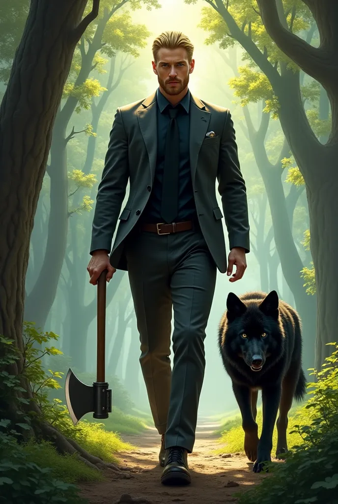 high, strong and handsome blond man dressed in a dark gray suit, black shirt and black tie , with an axe and with a black wolf walking with him in the woods