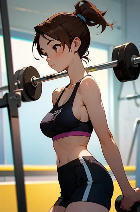 A beautiful 25 years old woman wearing sport bra, and sport, shorts in the gym , she have brown hair, brown eyes, and she is have ponytail style hair