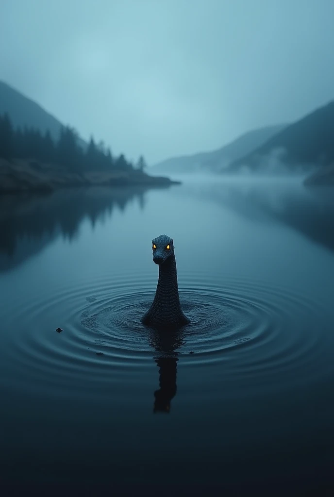 "An aerial view of Loch Ness at twilight, with the eerie presence of the Loch Ness Monster rising from the misty waters below. The scene is ultra-realistic, with a tilt-shift effect creating the illusion of a miniature model. The creature, a dark, shadowy ...