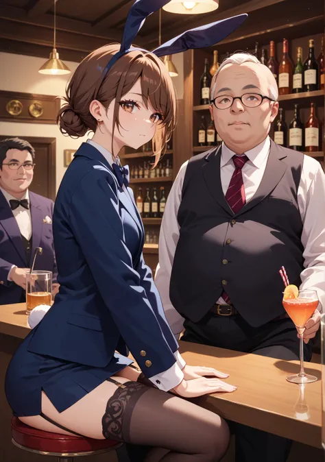 Gangbang,nsfw,1 girl,low bun,brown hair,brown eye,short hair,swept bangs, expressionless, her eyelids heavy,bunny girl,night,,,nsfw,{{fat middle age men}},suspender stockings,garter belt,black leotard,bar counter,sit, black long blazer,from side,fat old ma...