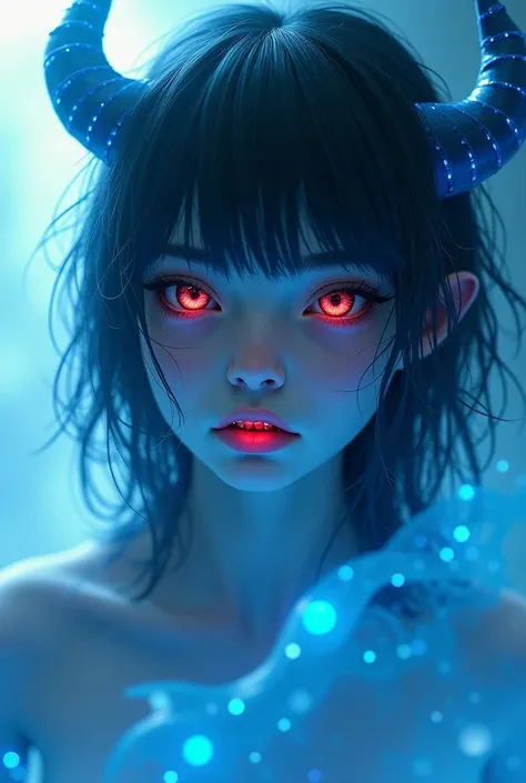 Young girl demon light blue skin red eyes small fangs 