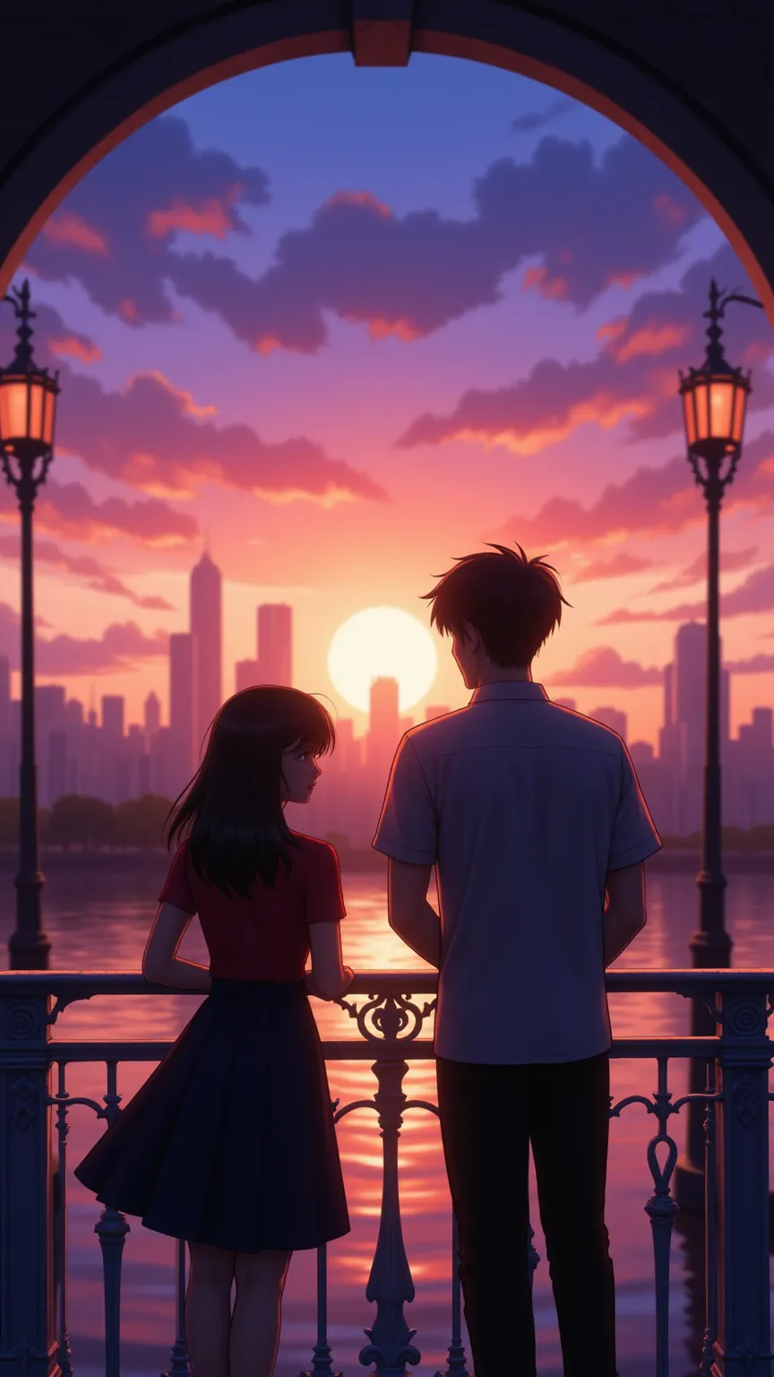 A high school boy and girl standing on a bridge, looking at the sunset together, soft breeze, city skyline in the background, bittersweet atmosphere, ultra-HD rendering