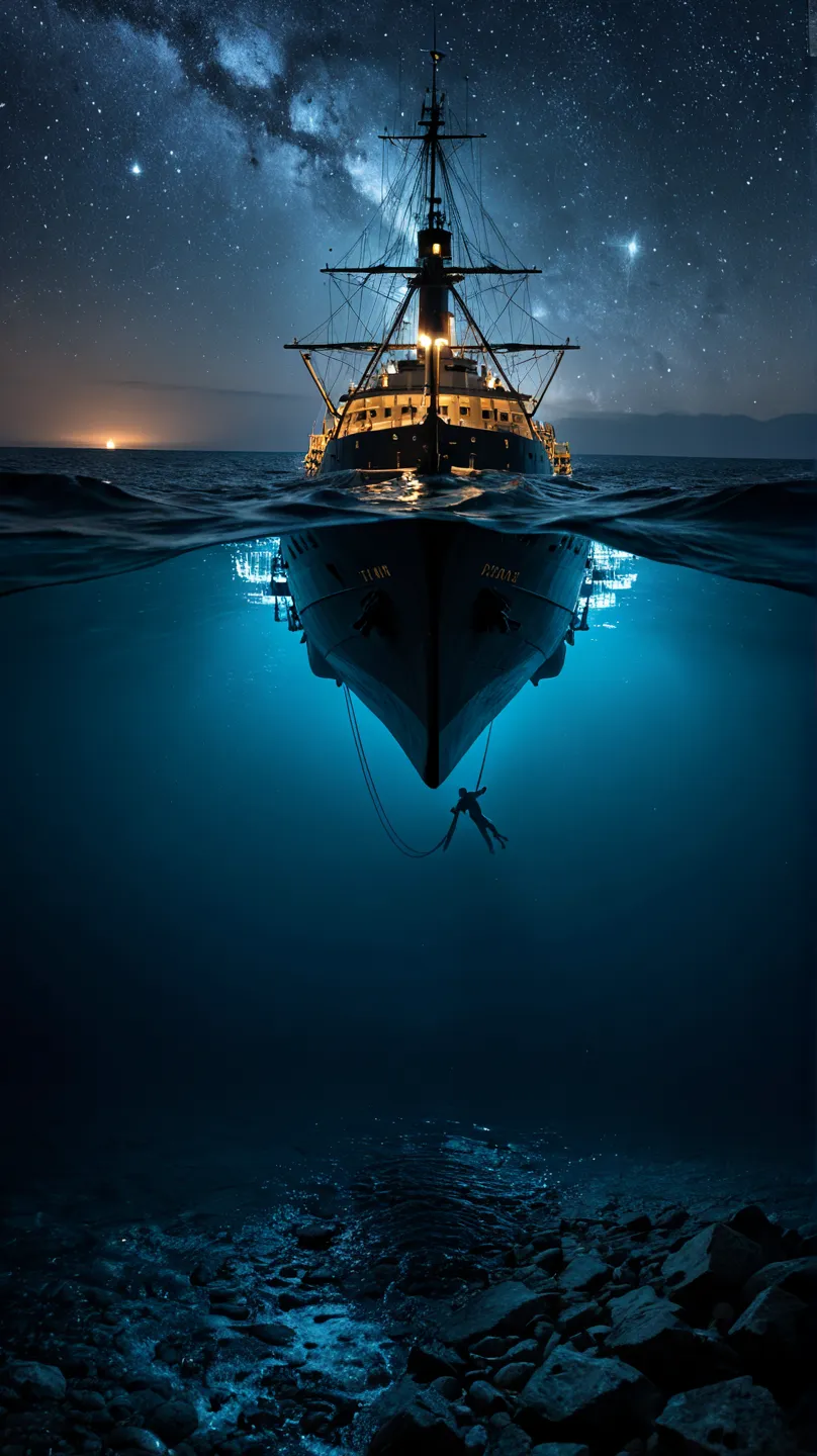 You look at the bow of the Titanic, now almost completely submerged. The stern rises against the starry sky, revealing gigantic propellers shining under the moonlight. A last metallic moan echoes when the ship breaks in half. You feel the impact of the wat...