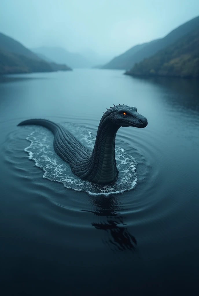 "An aerial view of Loch Ness at twilight, revealing the enormous Loch Ness Monster emerging from the misty waters below. The creature is gigantic, its massive, serpentine body partially submerged in the dark, murky water, with its glowing eyes piercing thr...