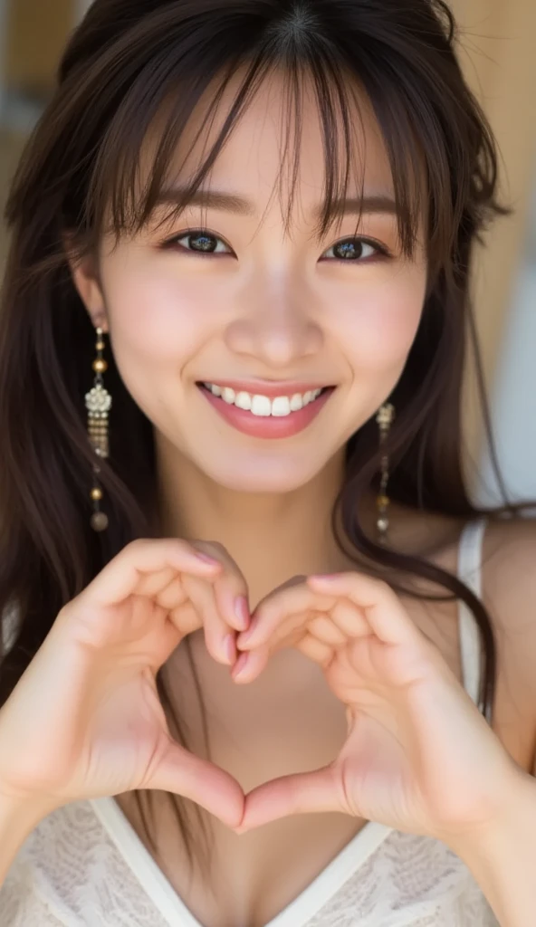 She wears a camisole, makes a heart shape with both hands, and poses in front of her chest, Close-up shot of winking and smiling