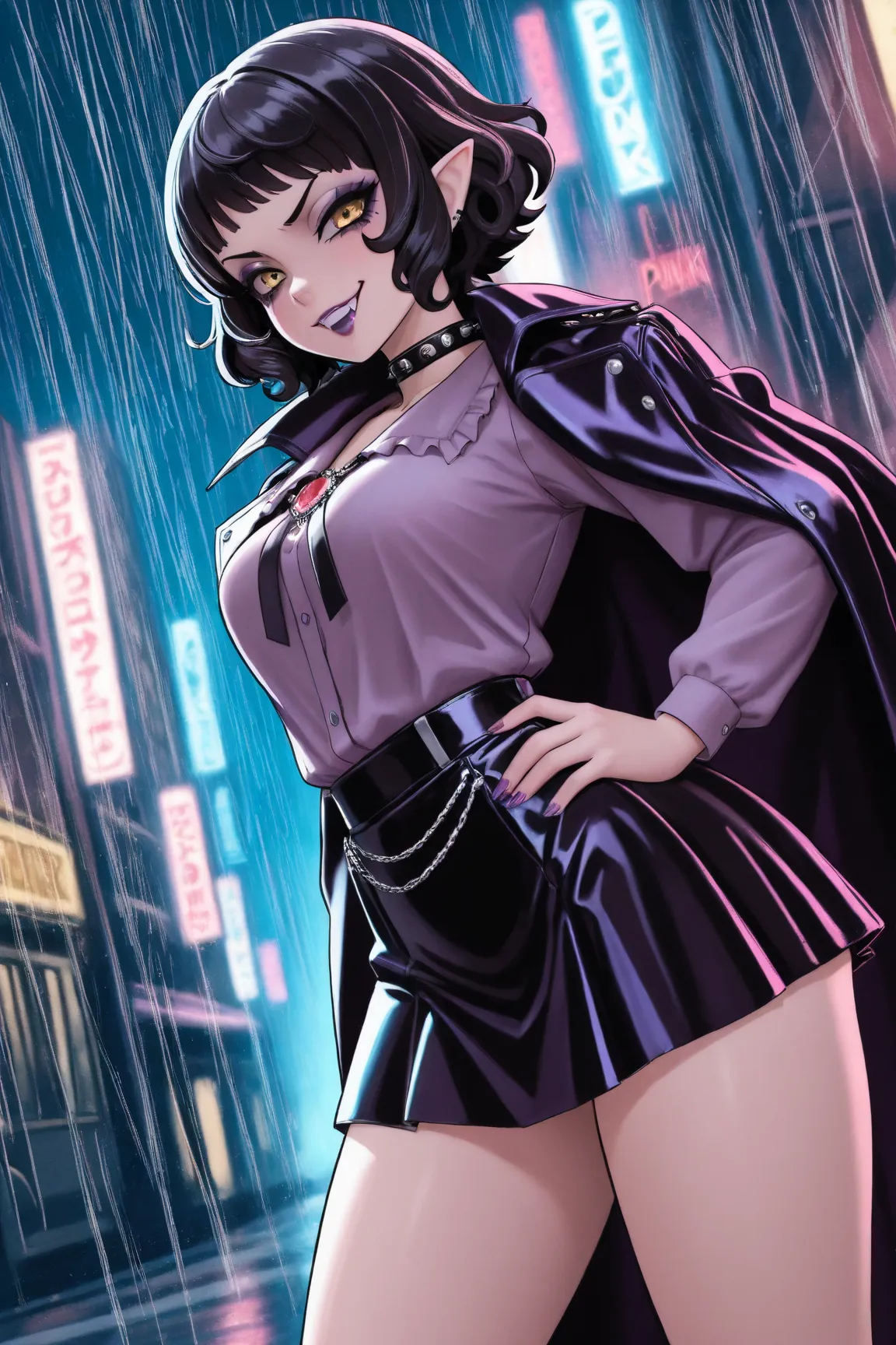 beautiful vampire ,  Short black hair with rocker-style curls ,  yellow eyes with punk-style makeup, purple lipstick,   wearing a gray blouse and short skirt  , with a punk-style coat  ,   showing her defined abdomen  , medium tits,  evil smile,  In the ci...