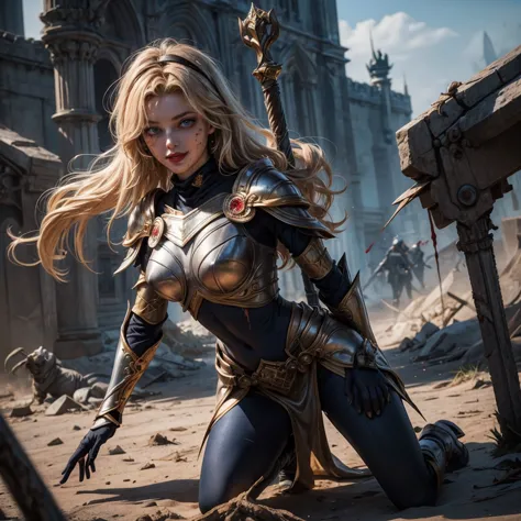 Highly detailed, High Quality, Full Length Portrait, Masterpiece, nice hands, perfect hands, 1girl, full body, lux1, lux_(league_of_legends), ultra very long blonde fringe bangs hair, armor, breastplate, black headband, bodysuit, light smile, white gloves,...