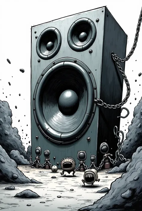 A comic of an audio speaker being trapped in chains because of its loud bass and every other audio is afraid 