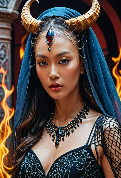 Beautiful woman, Chinese Russian Asian Thai, honey-colored skin brunette, sin color, ultra-realistic image (8k), porn actress, 35 years old, long curly hair, with braids on fire, masterpiece: 1.2, complex 3D rendering with great detail, large, perfect and ...