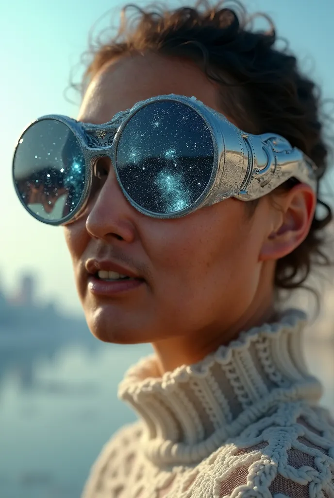 The model is wearing glass sunglasses with stars and the moon on the glass