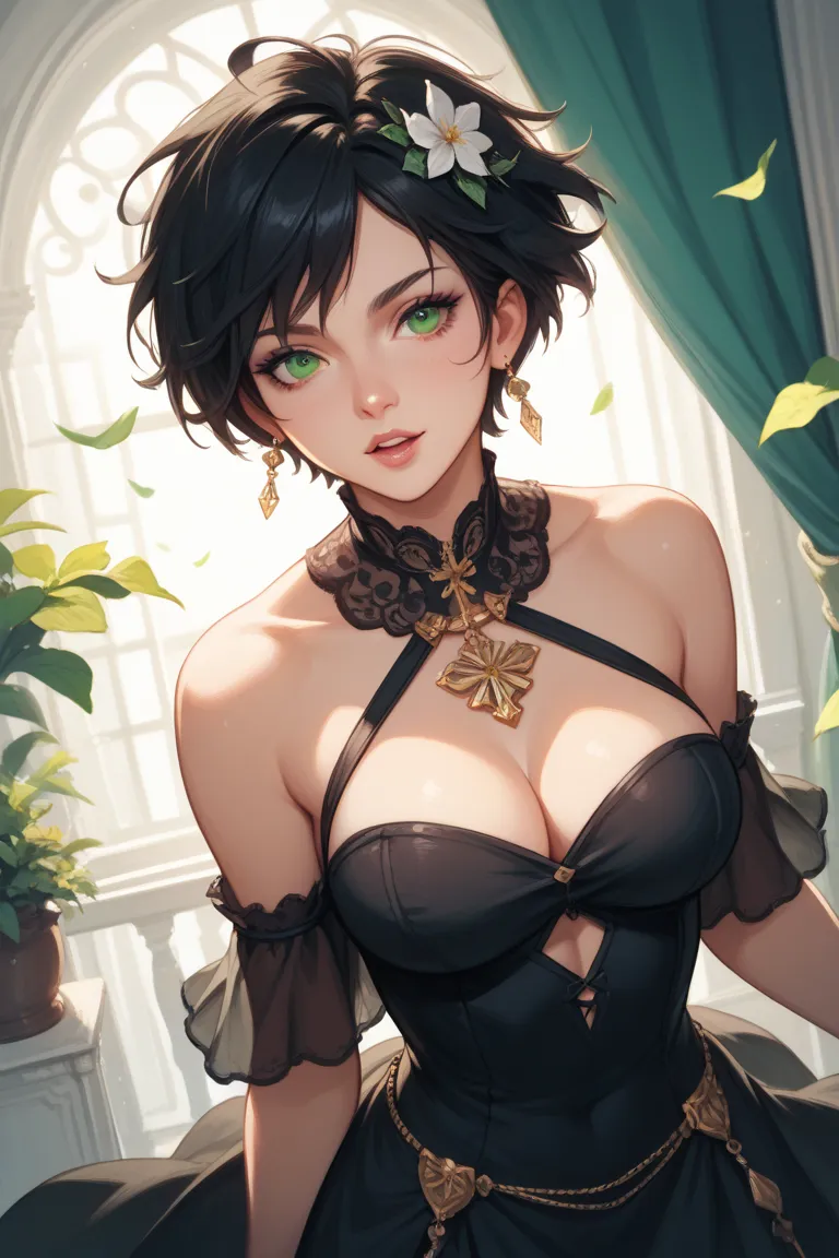  She had fair-skinned with very Short hair with middle part black hair "like Tim Drake" She has a soft face, a sweet  green eyes, wearing A black dress with a piece of cloth tied around the chest. dress like an ange and she tall 172.cm she fucking sexy