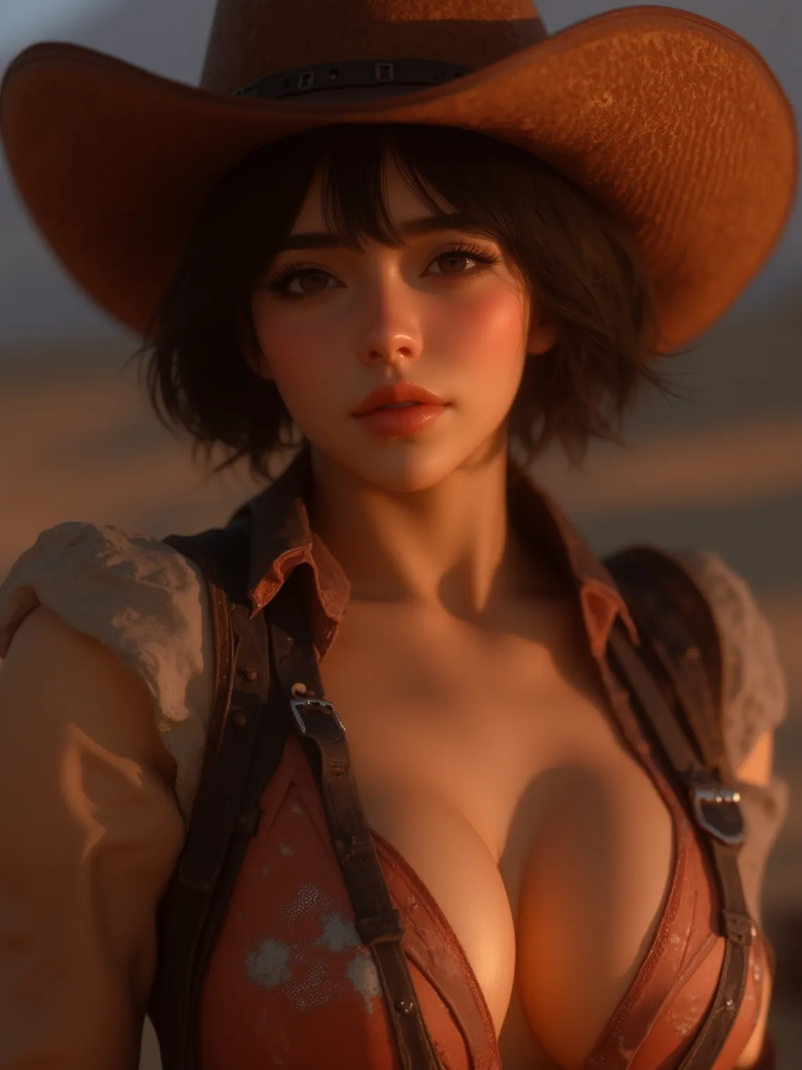 A cowboy shot photo of a beautiful young hyper-feminine hyper-curvy hyper-busty woman with a perfect curvy body and massive cleavage, detailed face, detailed eyes, detailed lips, detailed chest, highest quality, masterpiece, hyper-realistic, extremely deta...