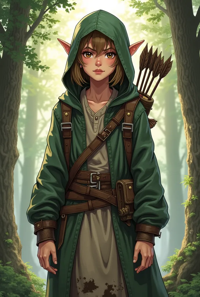 Create an image that shows a male elf in RPG art style. He has a youthful appearance. He has straight, medium-length hair. He has distinct elven features such as pointed ears, expressive brown eyes, and a neutral expression. He is between 17 and 21 years o...