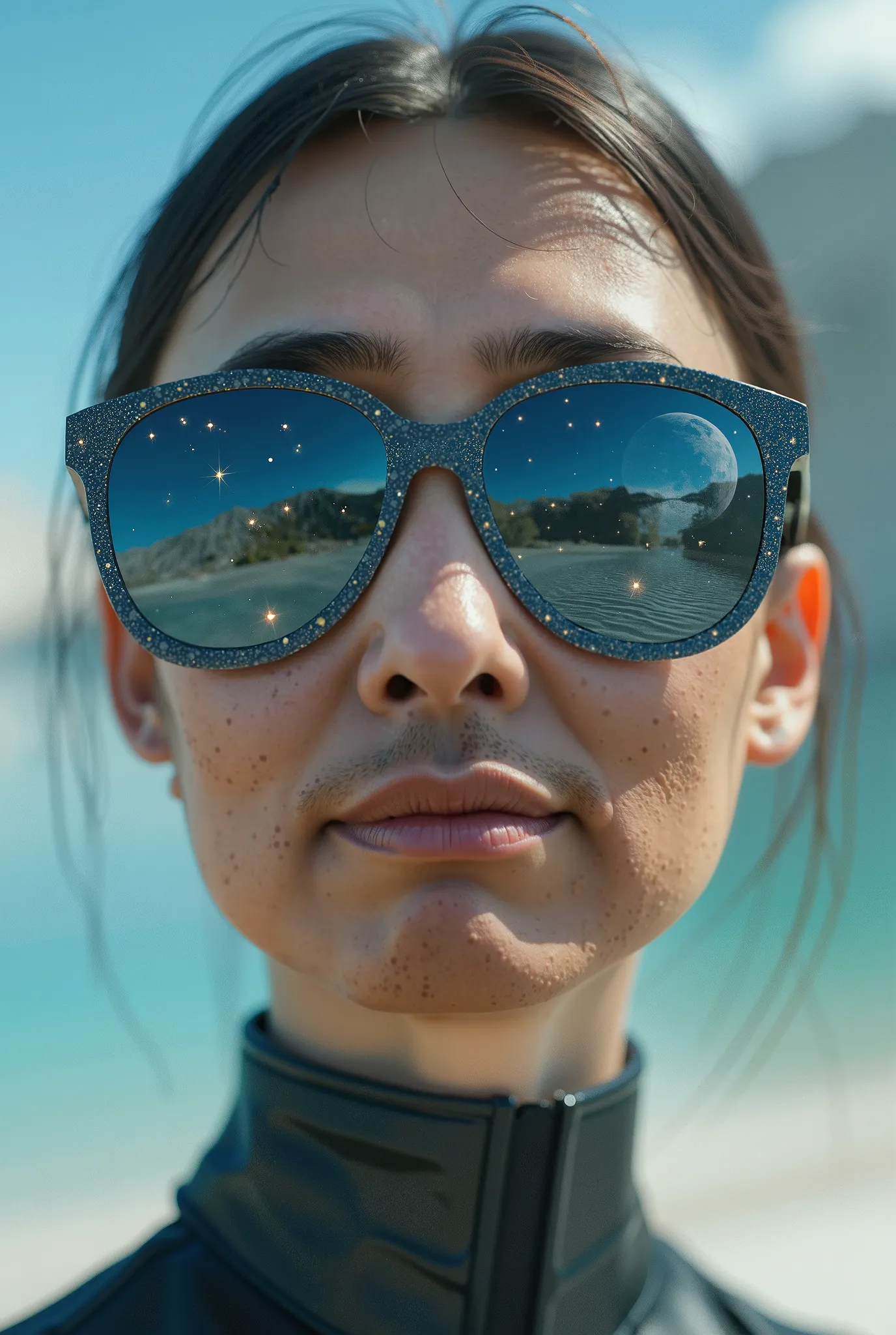 The model is wearing glass sunglasses with stars and the moon on the glass