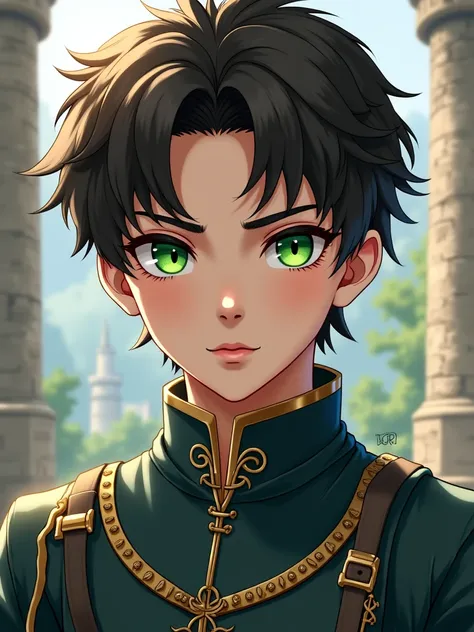  Anime boy.20 years old.with green eyes, dark brown hair ..with gray medieval clothes 