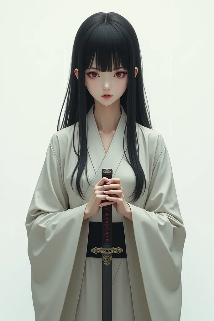 Alone, a girl, standing, facing forward, samurai uniform, holding a sword, pale skin, black hair, red eyes, calm expression, soft and delicate features 