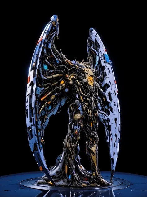 Gigantic Golden droid angel side view sitted on a corner and crying rainbow flash with a little droid on the shoulder, big opened wings that features and is filled of multiple blue screens with a white code wrote, full body and wings view artwork, sad face...