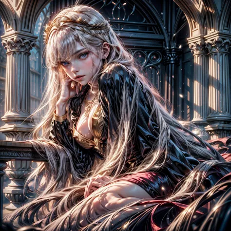 (best quality,highres),(realistic:1.37), a beautiful 18-year-old woman Valyrian, solo, alone, with a detailed and beautiful face with detailed purple eyes, pale pink lips, very long wavy snow white hair reaching her knees, wavy bangs, white eyelashes, larg...