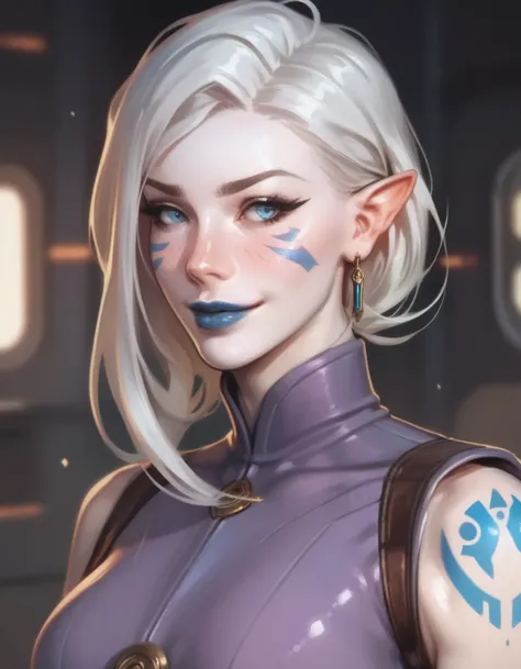 1woman, Jarael, alabaster white skin, blue tattoos, facial mark, blue lips, wearing a purple robe, jedi robe, shrugging her her shoulders, slightly embarrassed smile, cowboy shot, in the cargo hold of a science fiction spaceship, very detailed