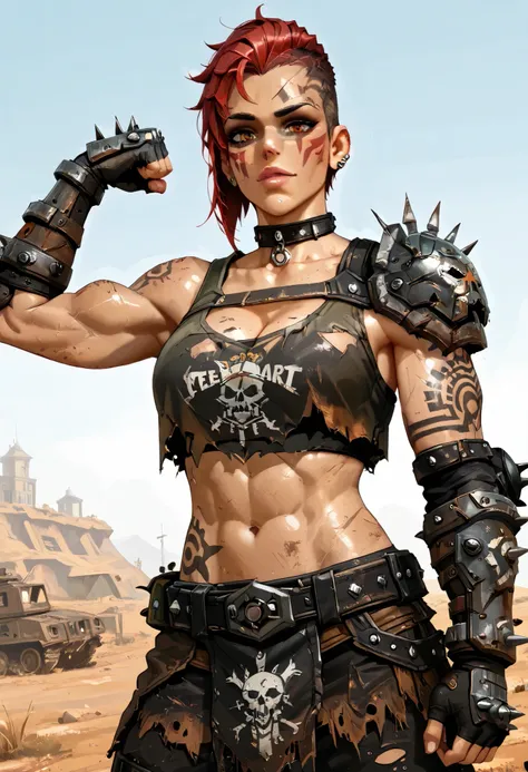 ((( whole body ))), master part, best quality , super detail beautiful woman, Tank Girl com cara de maluca, whole body, redhead Asymmetric Undercut Haircut hair, punk girl, post-apocalyptic world, torn and dirty clothes , Asymmetric Undercut Haircut, sides...