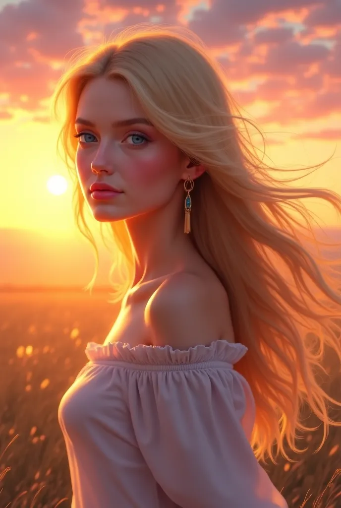 Make a pretty girl with blonde hair and blue eyes next to a sunset