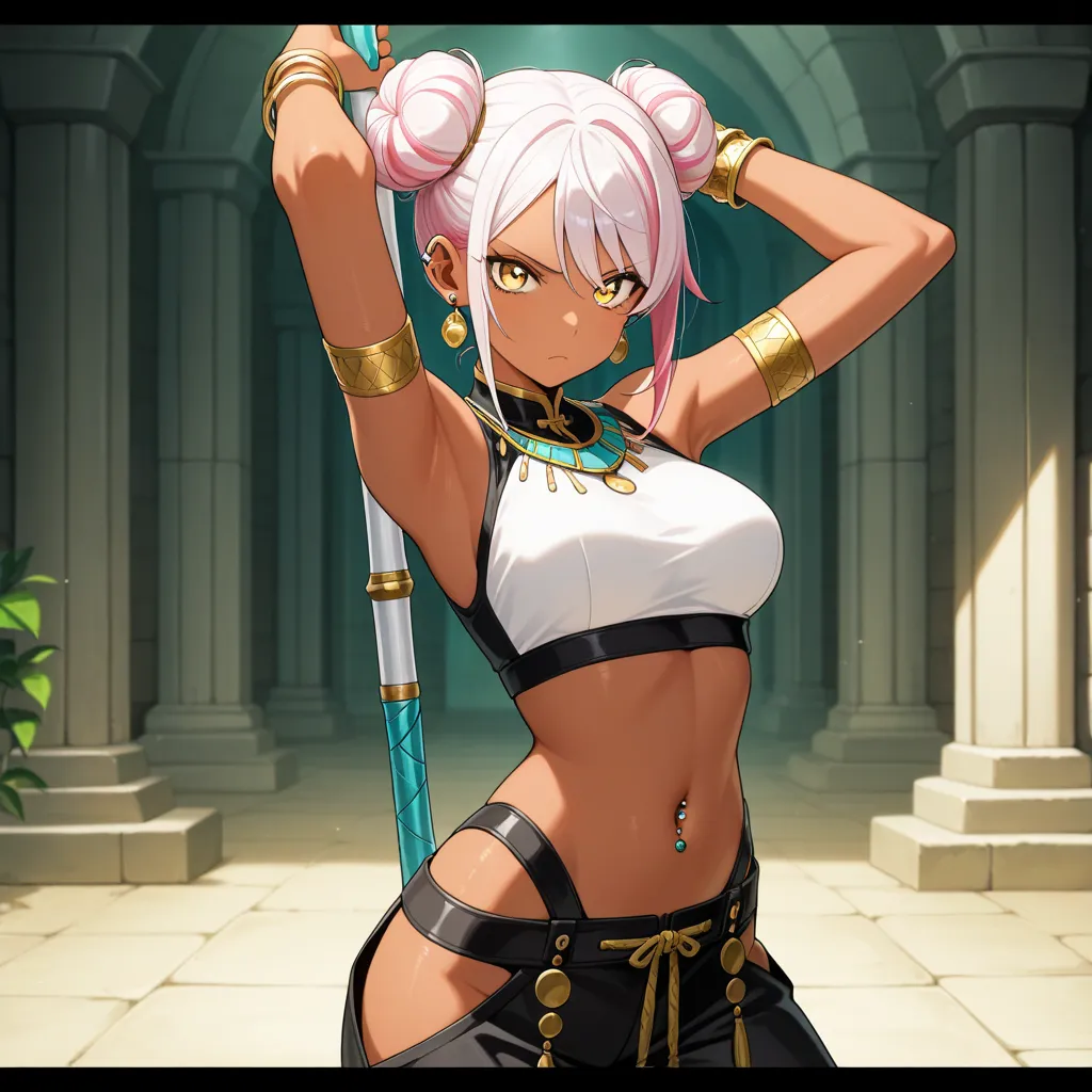 masterpiece, best quality, amazing quality, Anime Screencap. BREAK. 1girl, solo, piercing, jewelry, navel piercing, yellow eyes, hair bun, armlet, navel, looking at viewer, arms up, double bun, bracelet, pants, weapon, midriff, pink hair, black pants, earr...